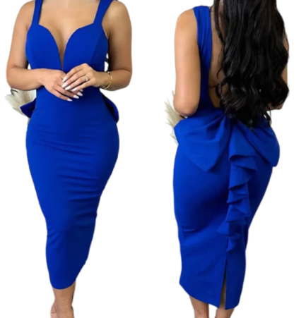 Female Fashion Solid Color Backless Holiday Dress Sexy Deep V Neck Sleeveless Dress