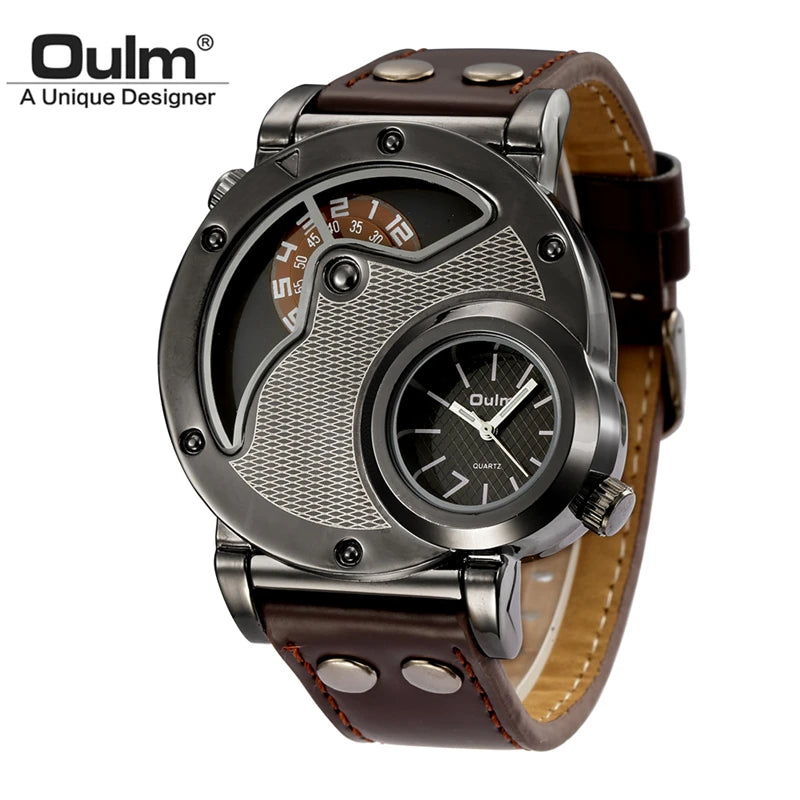 Oulm Designer Brand Luxury Watches For Men Dual Time Quartz Watch