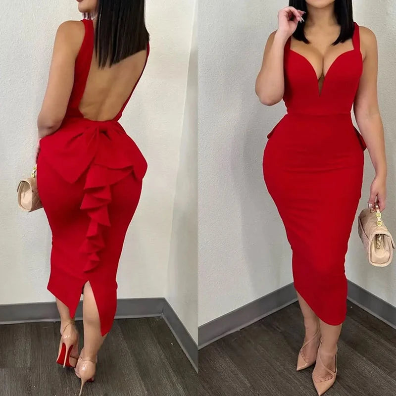 Female Fashion Solid Color Backless Holiday Dress Sexy Deep V Neck Sleeveless Dress