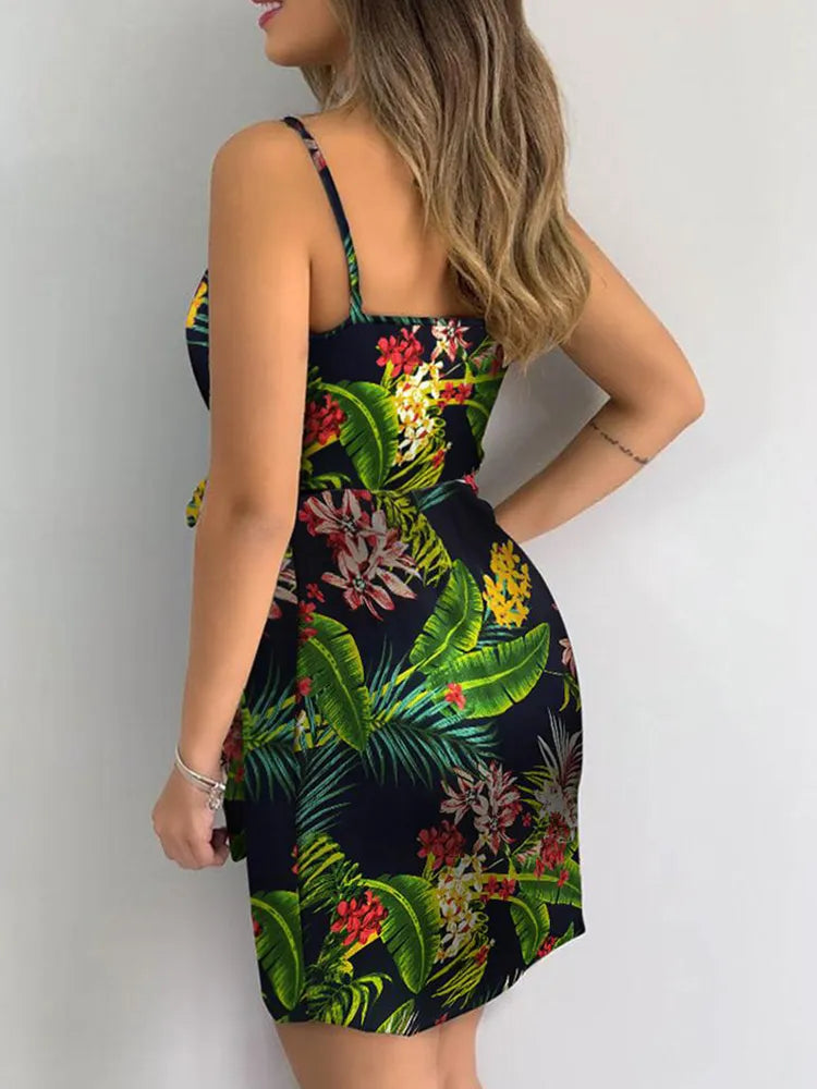 Vestido casual feminino com estampa tropical com decote em V sem mangas para férias de verão