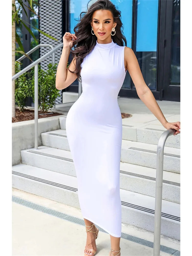 Elegant Bodycon Maxi Dress Sexy Sleeveless Backless Ruched