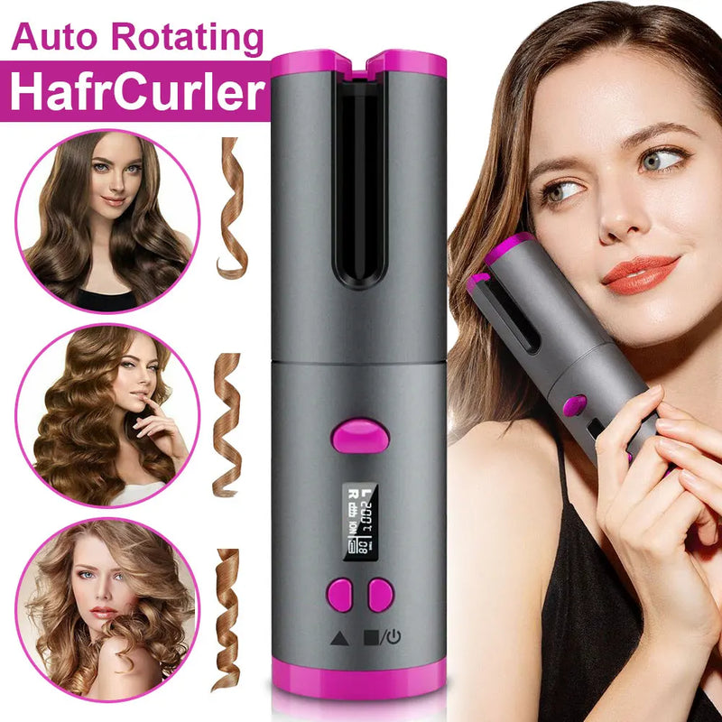 Juego de rizador de pelo inalámbrico, rizador de pelo giratorio automático, rizador de pelo, pantalla LED, herramientas de estilismo ajustables con temperatura, Ster ondulado