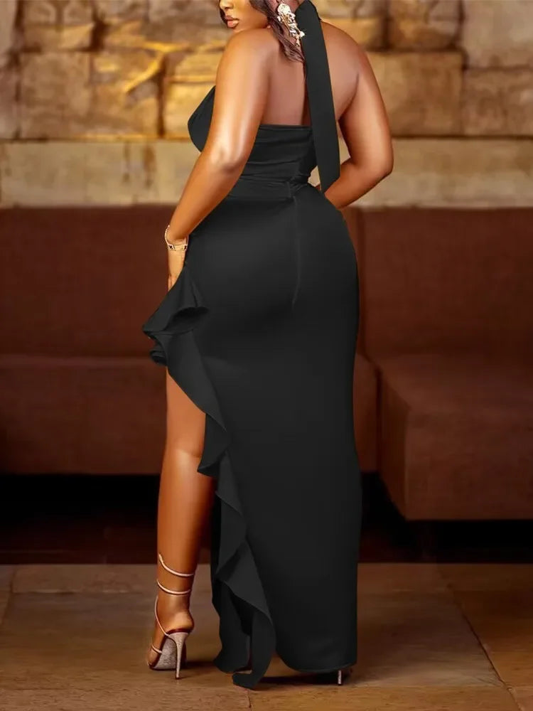 2024  Satin Halter Cowl Neck Ruffles Slit Backless Party Dress