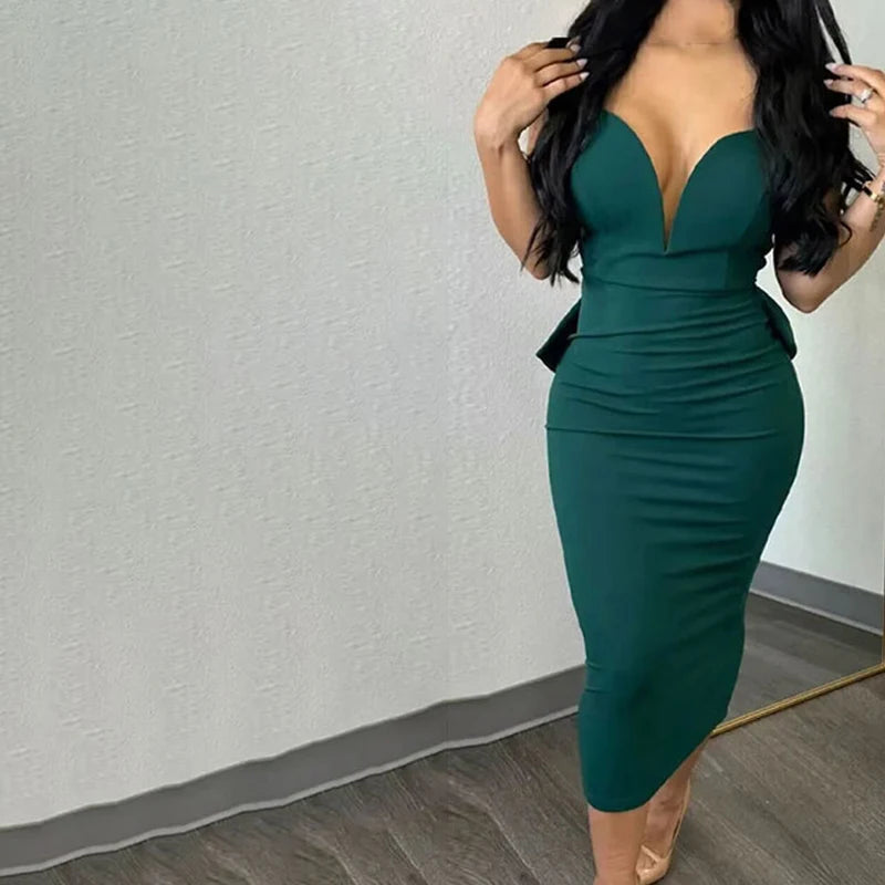 Female Fashion Solid Color Backless Holiday Dress Sexy Deep V Neck Sleeveless Dress