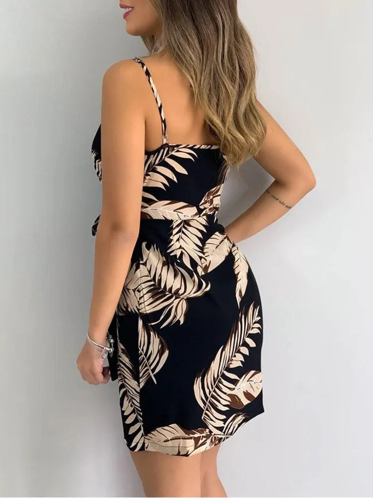 Vestido casual feminino com estampa tropical com decote em V sem mangas para férias de verão