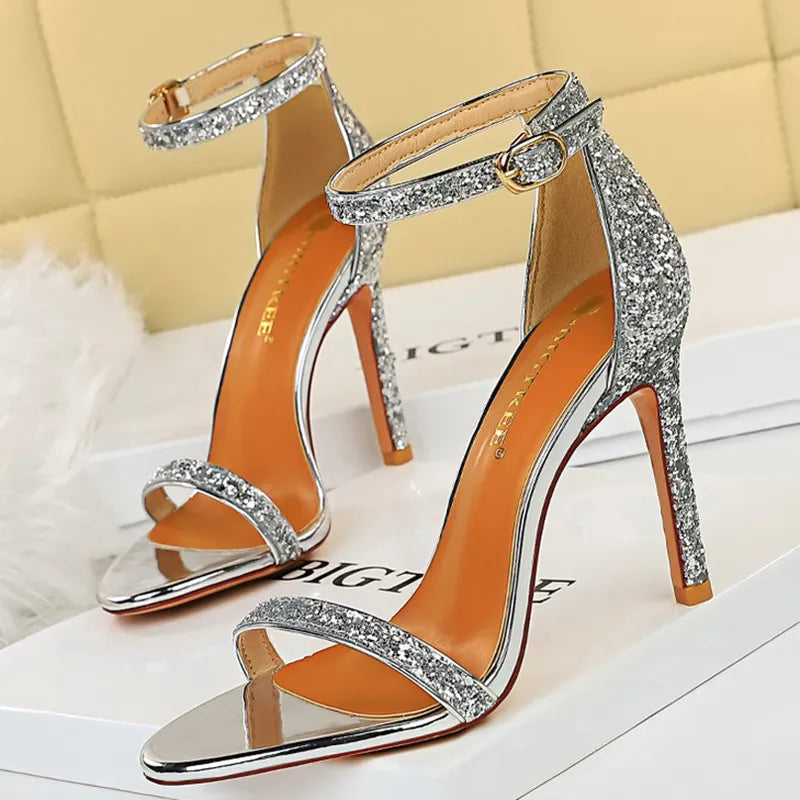 High Heels Silver Bling Sequins Ankle Strappy Sandles Lady