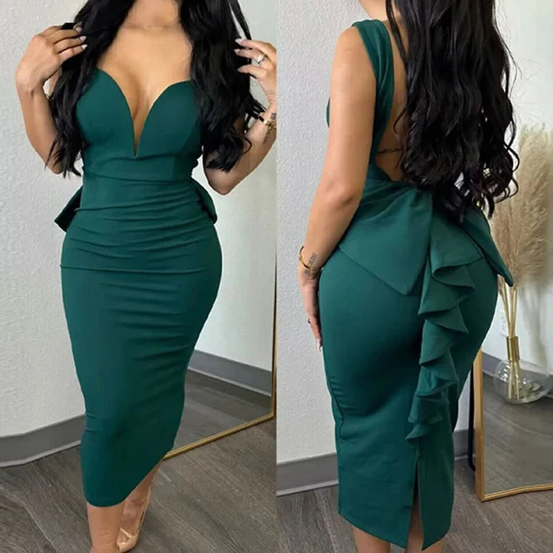 Female Fashion Solid Color Backless Holiday Dress Sexy Deep V Neck Sleeveless Dress