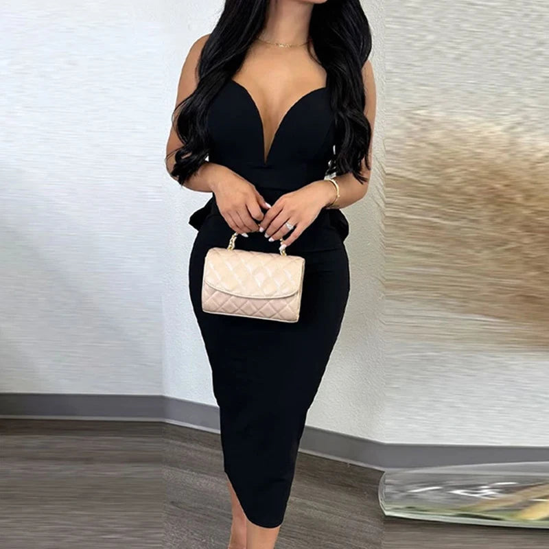 Female Fashion Solid Color Backless Holiday Dress Sexy Deep V Neck Sleeveless Dress