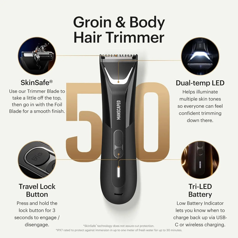 Ultra Groin & Body Hair Trimmer – Dual-Head SkinSafe® Trimmer & Foil Blades, Waterproof Wet/Dry Groomer, USB-C Rechargeable with