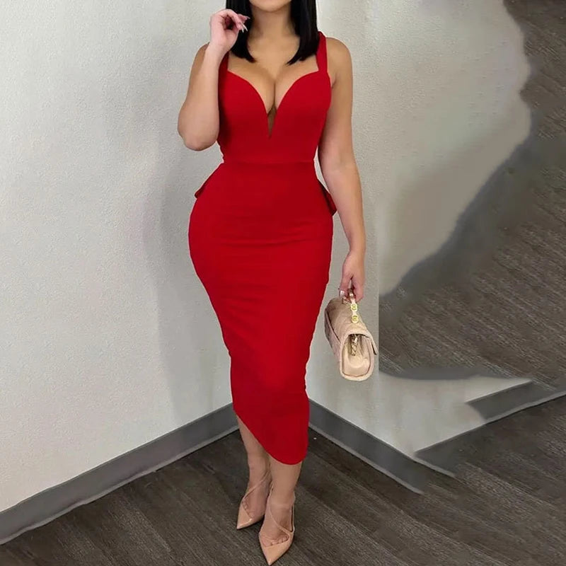 Female Fashion Solid Color Backless Holiday Dress Sexy Deep V Neck Sleeveless Dress