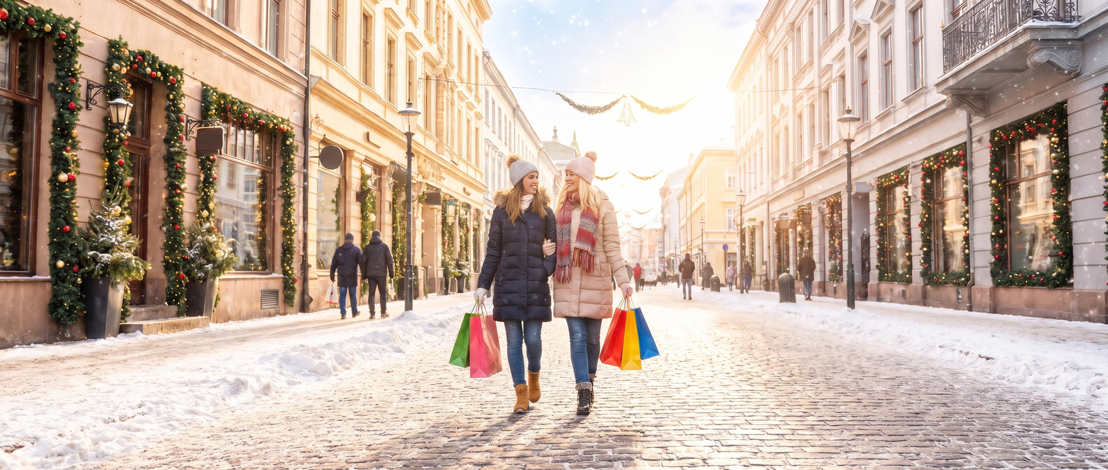Friends holiday shopping with purple and gold bags